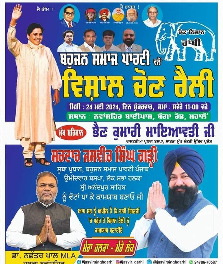 ਬਸਪਾ ਮੁਖੀ ਭੈਣ ਮਾਇਆਵਤੀ ਜੀ 24 ਤਰੀਕ ਨੂੰ ਨਵਾਂਸ਼ਹਿਰ 'ਚ ਚੋਣ ਰੈਲੀ ਨੂੰ ਕਰਨਗੇ ਸੰਬੋਧਨ         